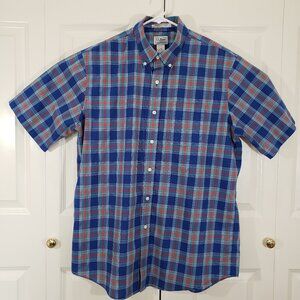 LL Bean Button Down Shirt Mens Large Blue Plaid Wrinkle Resistant Pocket Cotton